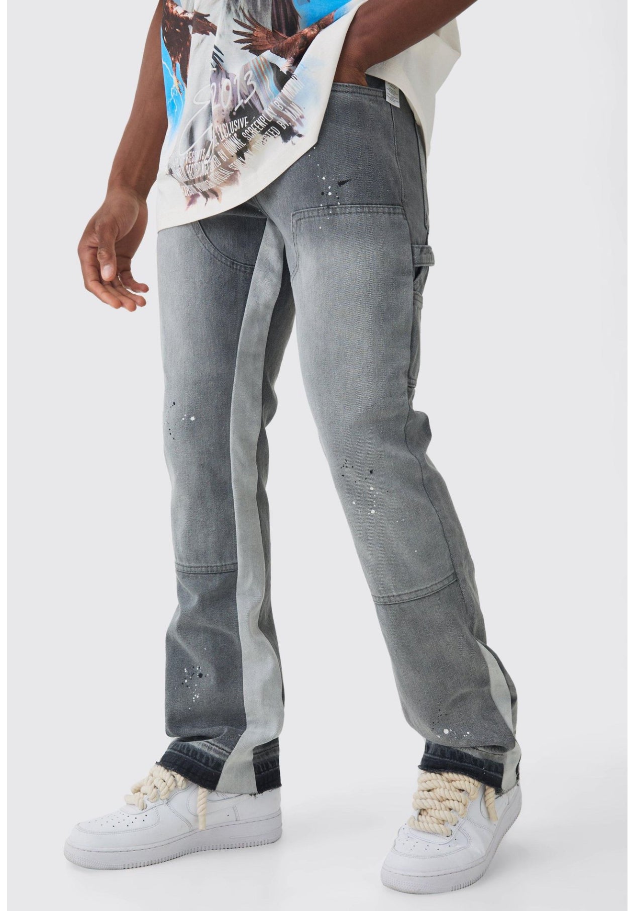 Slim rigid flare paint spatter carpenter jeans