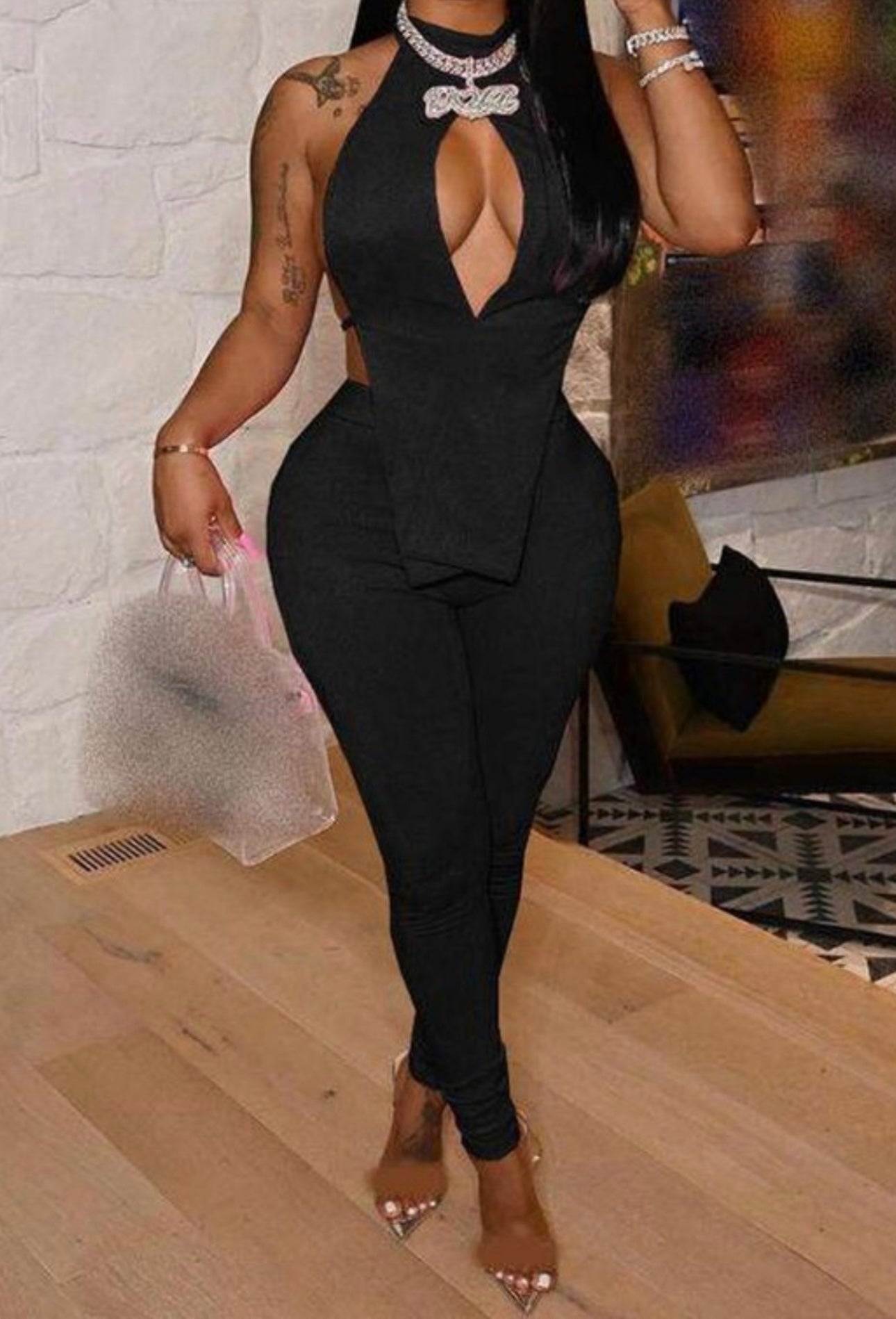 Tied detail asymmetrical cutout top pants