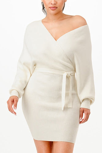 Off shoulder wrap belted sweather dress
