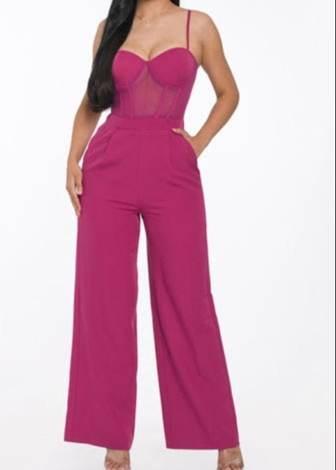 Mesh insert cup wide leg jumpsuit